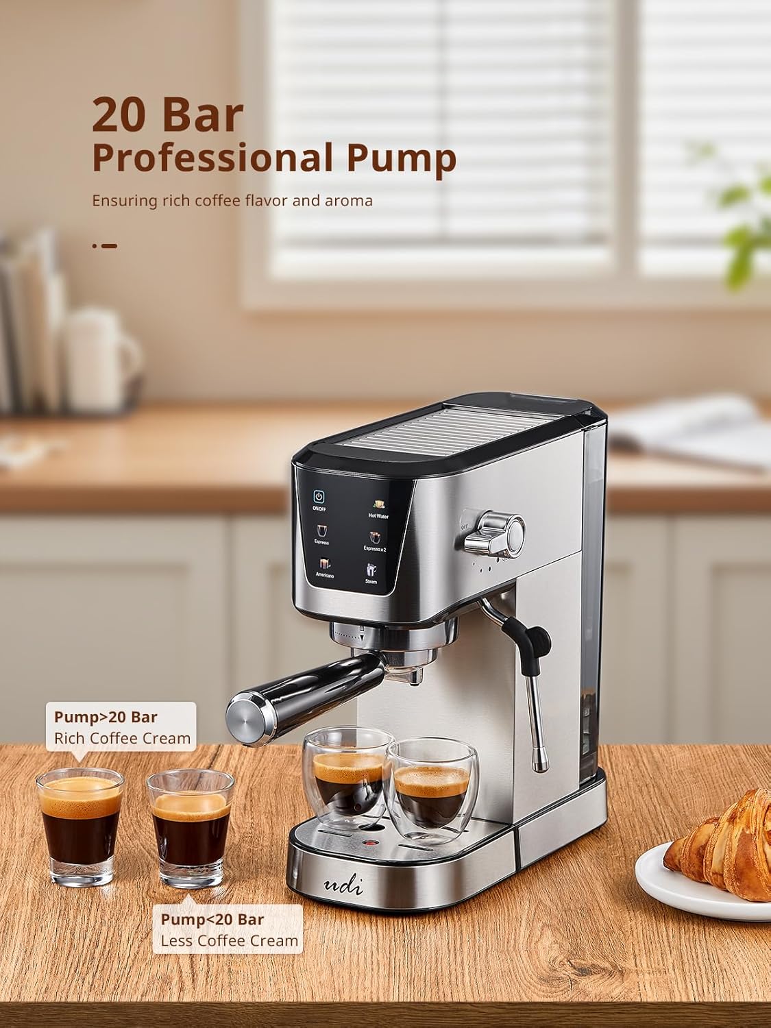 UDI Espresso Machines, 20 Bar Espresso Coffee machine | with LED Touch screen, for Lattes, Cappuccinos, Americano