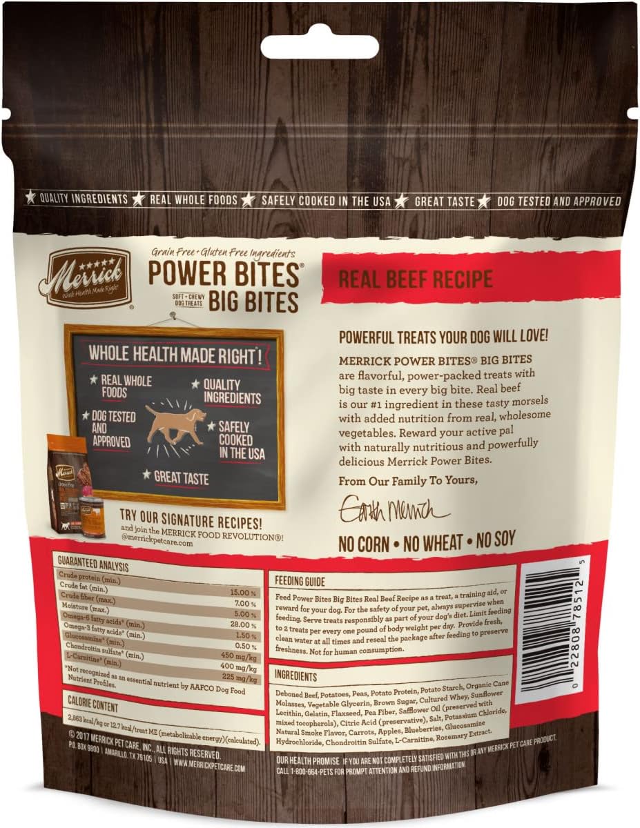 Merrick Power Bites Salmon Grain Free Dog Treats 6 oz Bag | Wholesome and flavorful dog treats made with salmon as the #1 ingredient, perfect for anytime snacking or training rewards