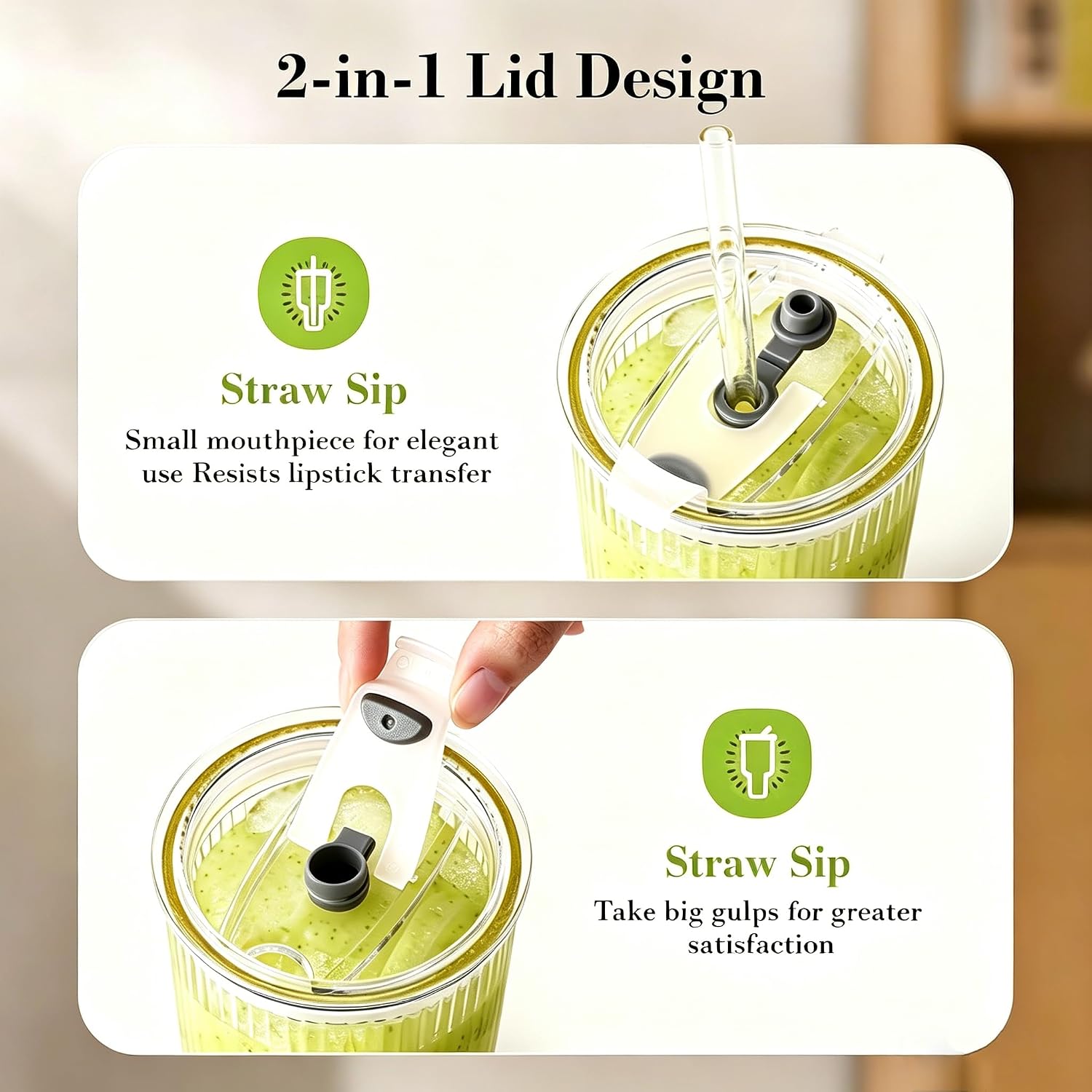 Glass Cups with Lids and Straws, 2Pcs 20oz Glass Coffee Cups Leak Proof | Ribbed Thick Reusable Glass Tumbler with Straw and Lid, Fits Car Cup Holder