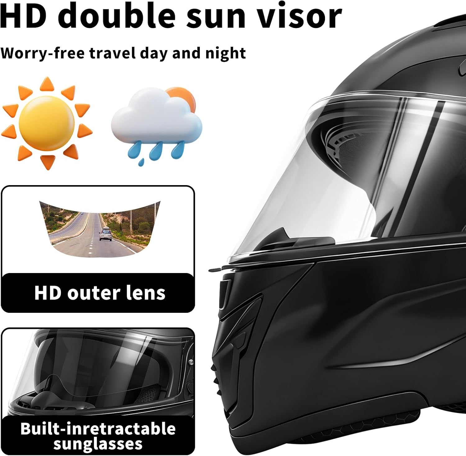 Bluetooth Modular Motorcycle Helmets with Tail Lights, DOT Certified Flip-Up Dual Visor Full Face Helmets for Men & Women Moto ATV UTV Snowmobile ADV Four Wheeler Street Bike
