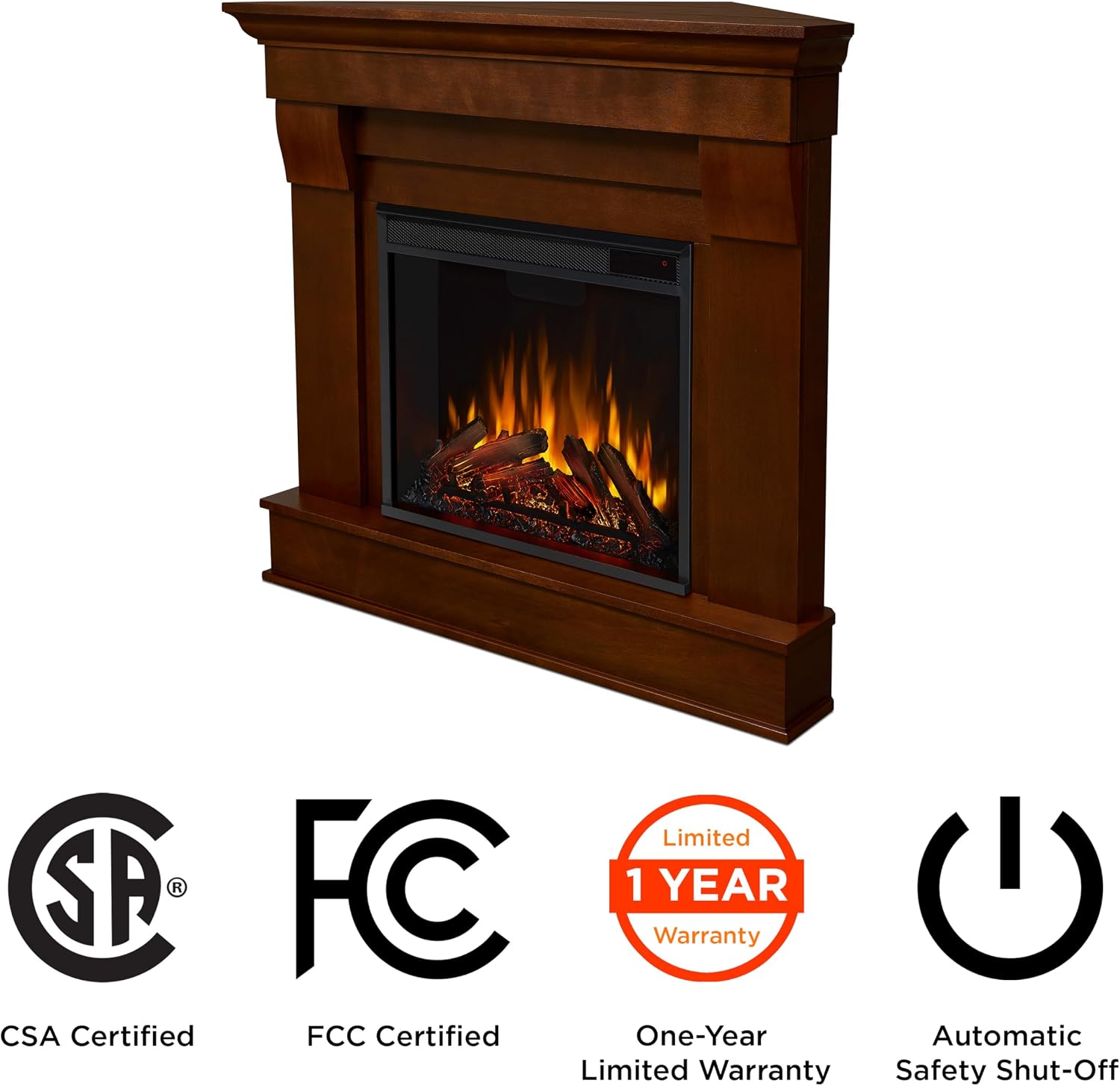 Real Flame Chateau 41" Corner Electric Fireplace with Mantel for Living Room or Bedroom, Replaceable Fireplace Insert Heater, Realistic Log and Flame Effect, Remote Control, Timer.