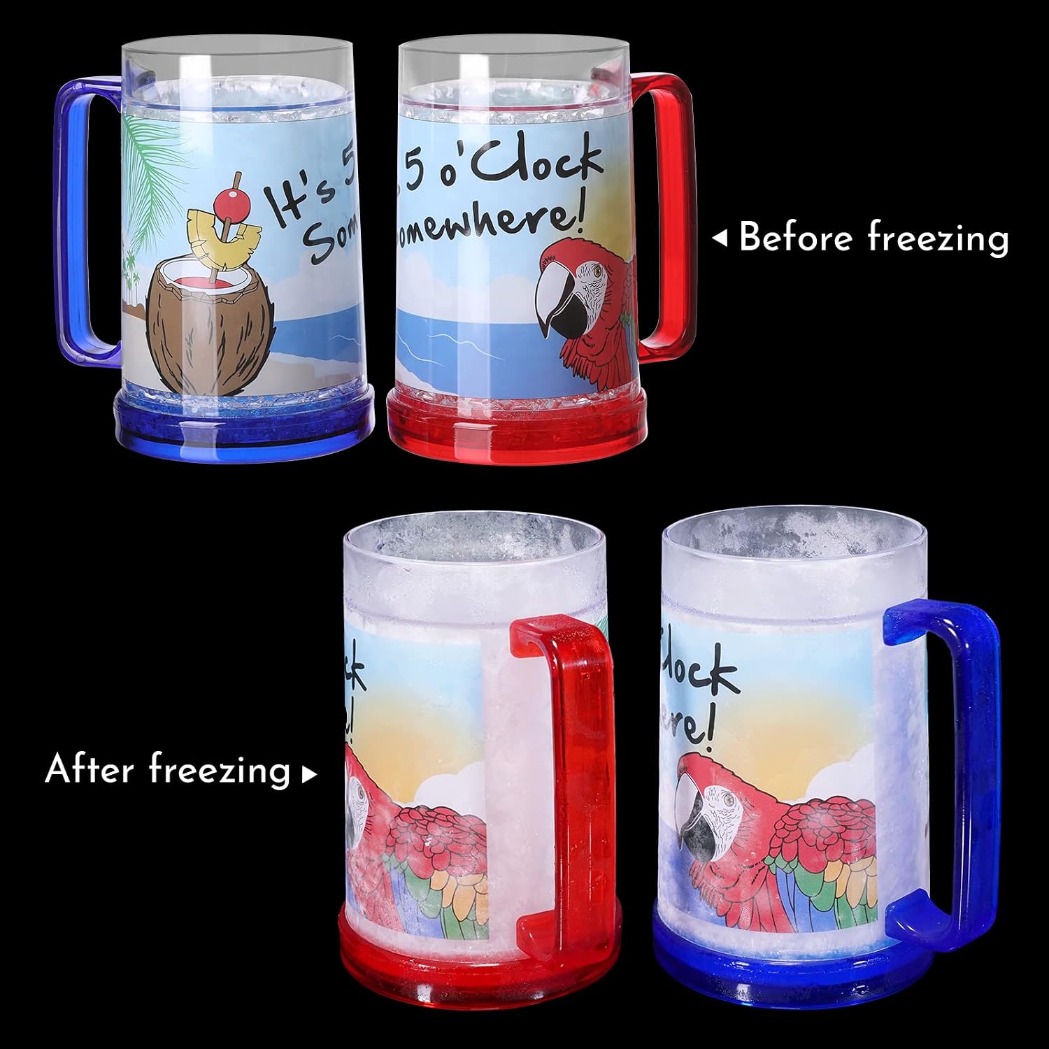 It's 5 O'Clock Somewhere Party Parrot Double Wall Gel Frosty Freezer Ice Mugs Clear 16oz Set of 2