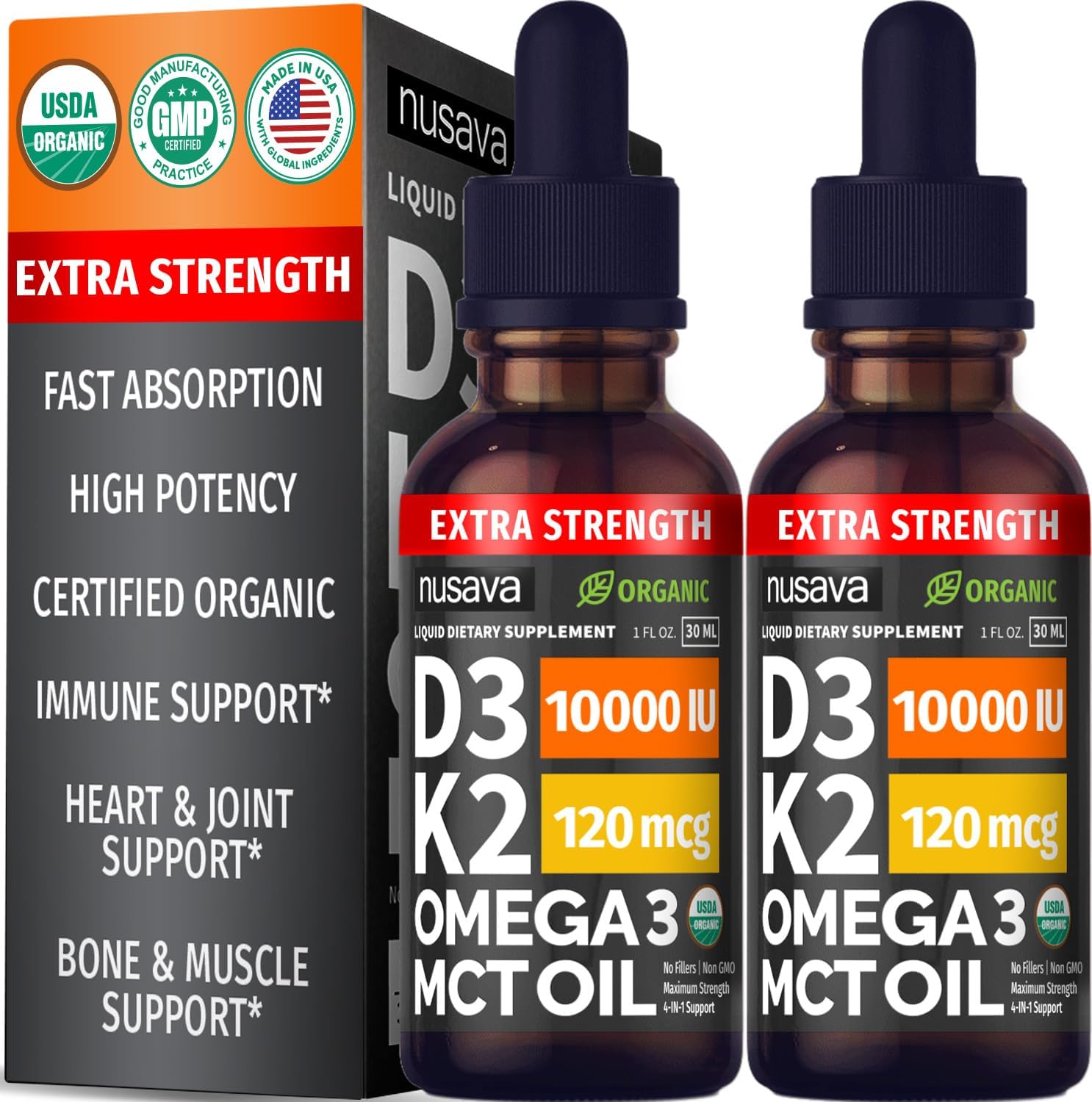 Nusava Organic Vitamin D3 K2 Drops with MCT Oil, Unflavored, Pack of 2