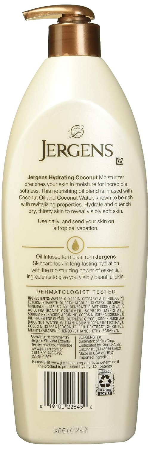 Jergens Hydrating Coconut Body Lotion, Hand and Body Moisturizer, Infused with Coconut Oil, Hydrates Dry Skin Instantly, Dermatologist Tested, 16.8 oz | Coconut Oil, Instantly Hydrates, Dermatologist Tested, Extra Dry Skin Care, Long-Lasting Moisture