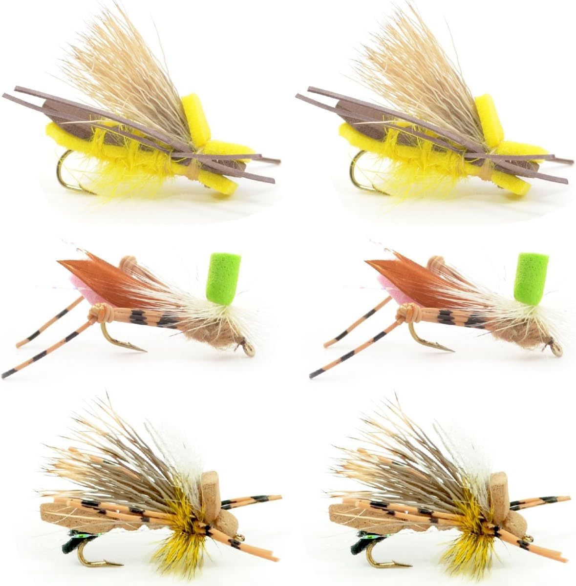 The Fly Fishing Place 6 Foam Body Hopper Grasshopper Trout Fly Fishing Flies Assortment - 6 Flies 3 Patterns Hook Size 10 - Trout Fly Collection