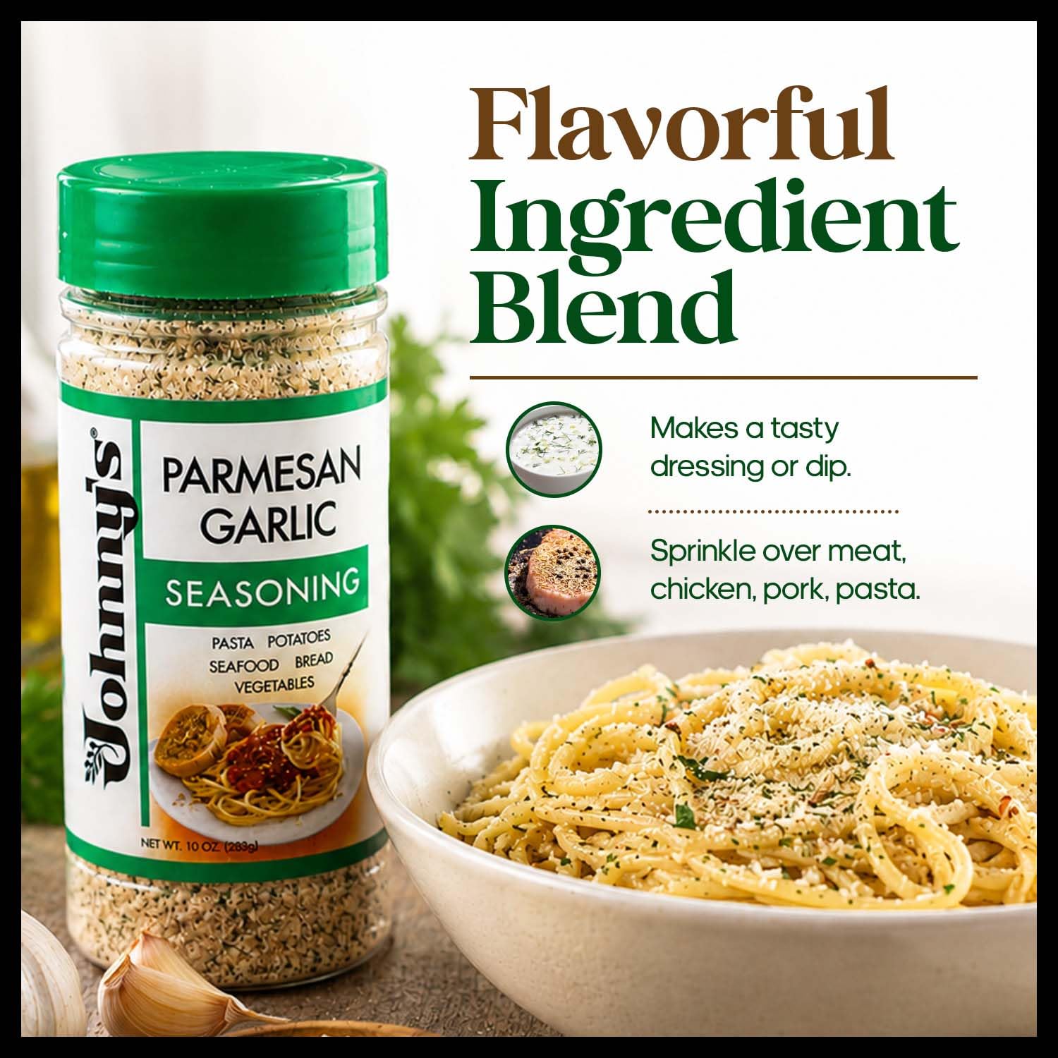 Johnny's - Garlic Spread & Seasoning - 10 oz | Garlic Seasoning Blend, Great For Bread, Pasta, Vegetables, Meats, Marinades, Dips & Everyday Cooking