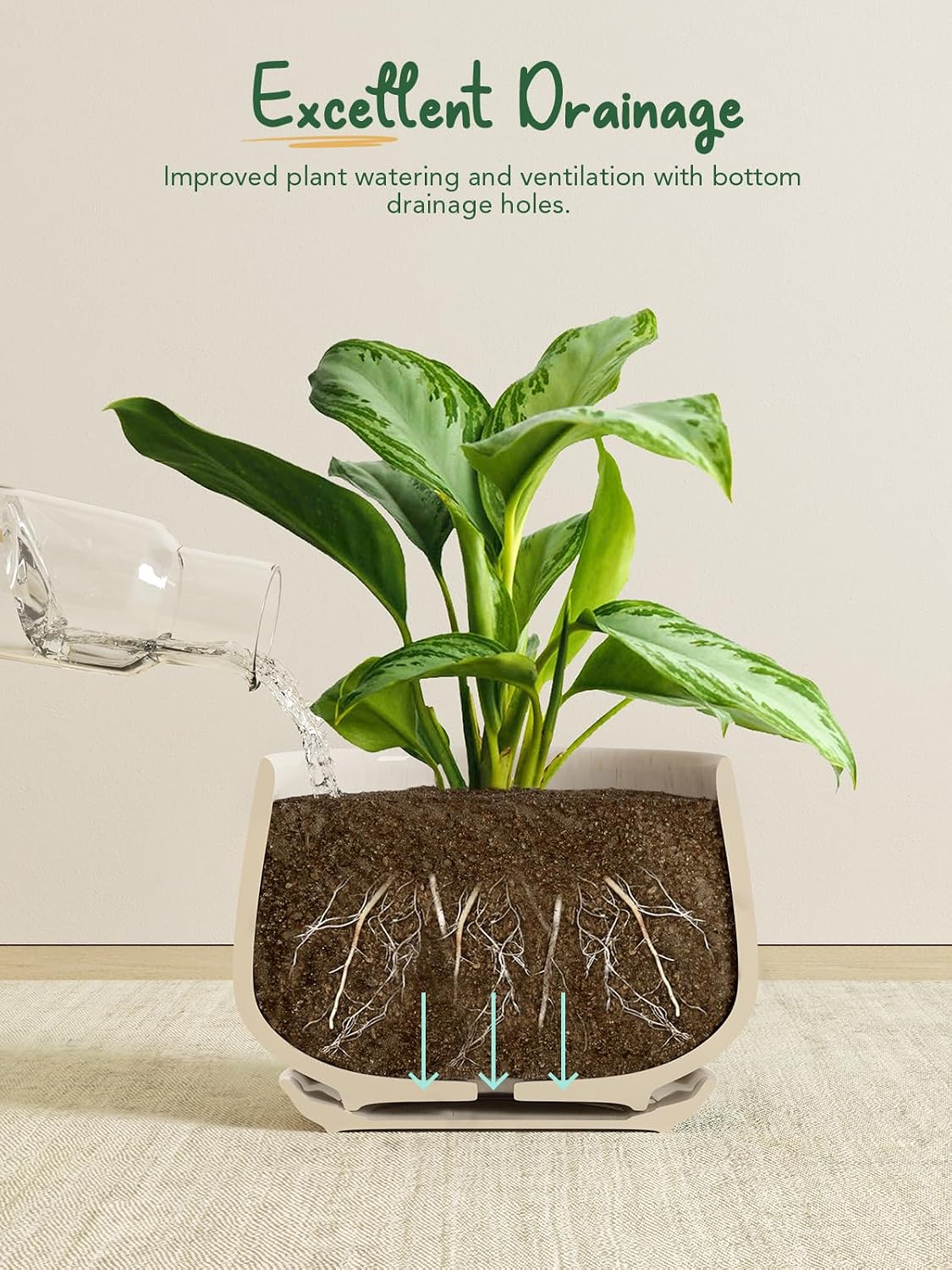 LE TAUCI Plant Pots, 4.1+5.1+6.5 inch, Set of 3, Ceramic Planters with Drainage Hole and Saucer, Indoor Flower Pot with Hole Mesh Pad, Gifts for Mom