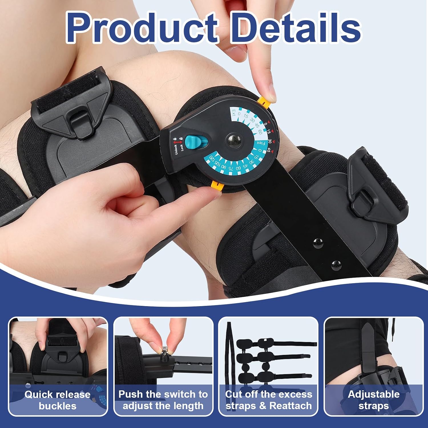 Hinged ROM Knee Brace with Adjustable Locking Dial 0°-120° | Post Surgery Knee Immobilizer & Stabilizer for ACL