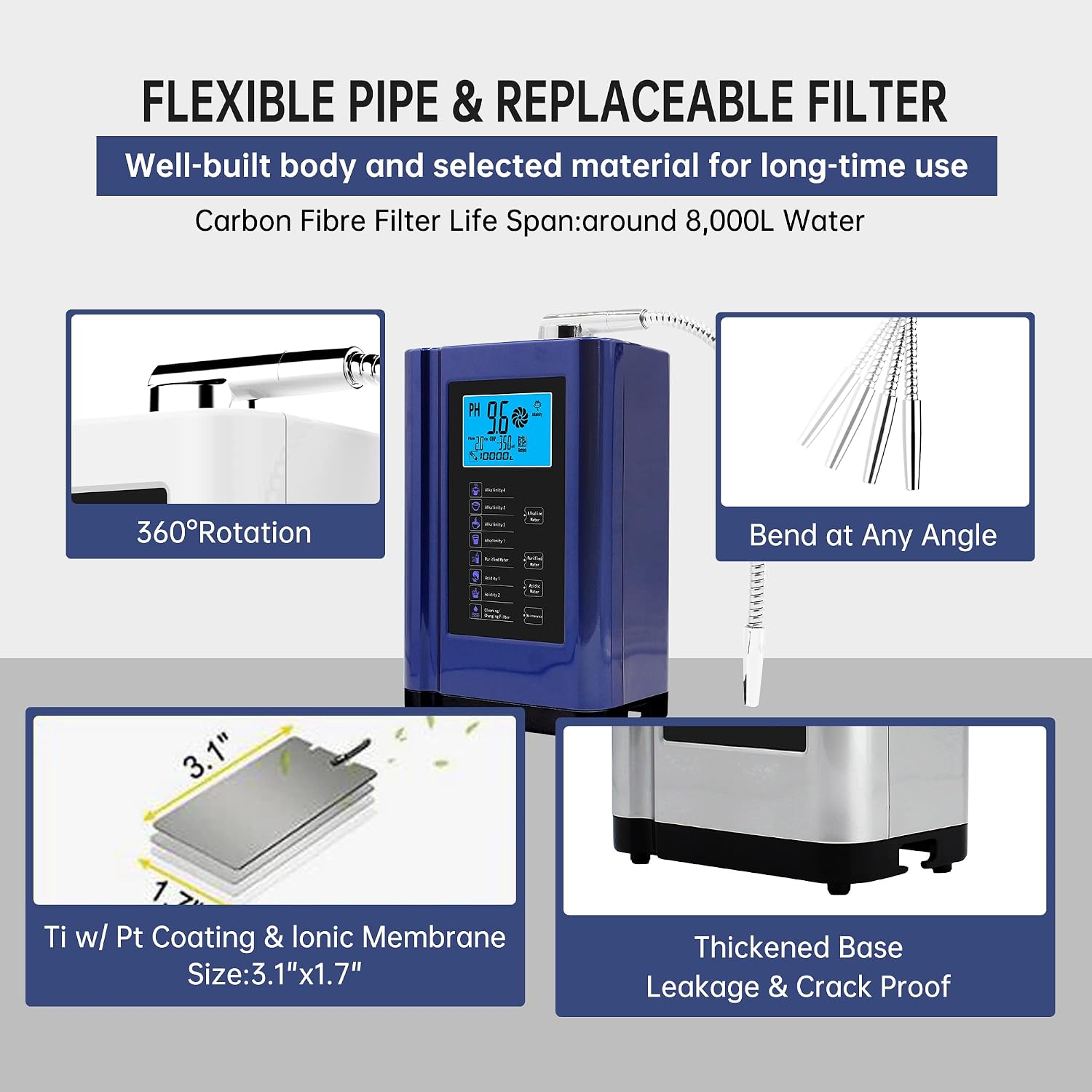 Water Ionizer, Water Purifier Machine PH 3.5-10.5 Alkaline Acid Water Machine, Up to -500mV ORP, 8000 Liters Per Filter, 7 Water Settings