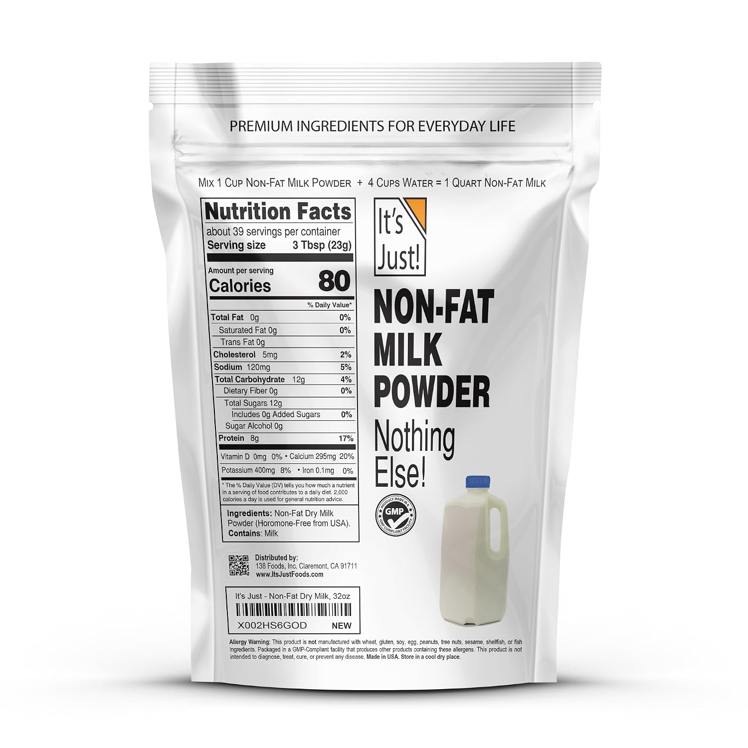 It's Just - Whole Milk Powder, 2lbs, rBST/rBGH Hormone Free, Shelf Stable, Just Add Water, Made in USA, Dry Milk Powder, 32oz