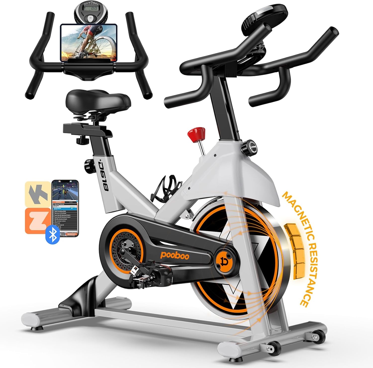 Exercise Bike, pooboo Stationary Bike for Home Gym, Magnetic Resistance Indoor Cycling Bike w/Bluetooth Comfortable Seat Cushion & Tablet Mount