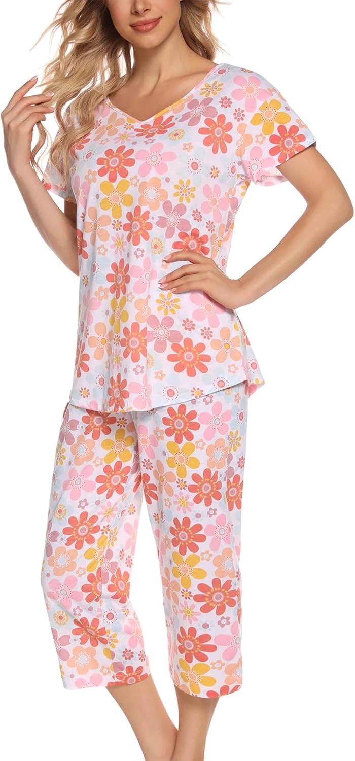 ENJOYNIGHT Womens Pajama Set Cotton Short Sleeve Top With Capri Pants Pj