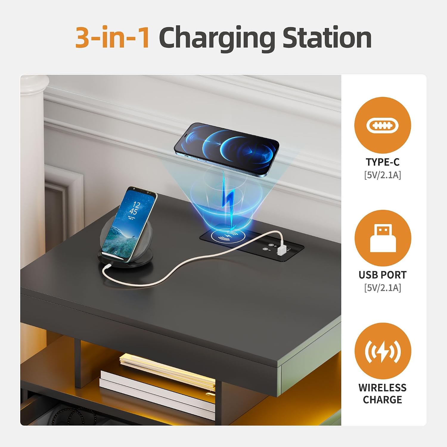 Lockable Night Stand with Gun Drawer,Charging Station,LED Lights,White | LED Nightstand with Charging Station,Farmhouse Bedside Table with 3-Color Light,End Table with 3 Drawers,Bedroom