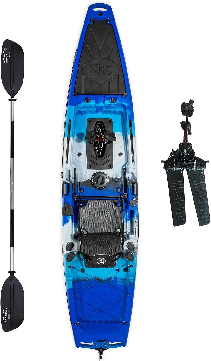 BKC Brooklyn 12.5 Pro Pedal Fishing Kayak, Propeller Drive | Hands-free propeller drive, rudder steering, 550 lb capacity, dry storage, rod holders, 12.5 ft sit-on-top hull
