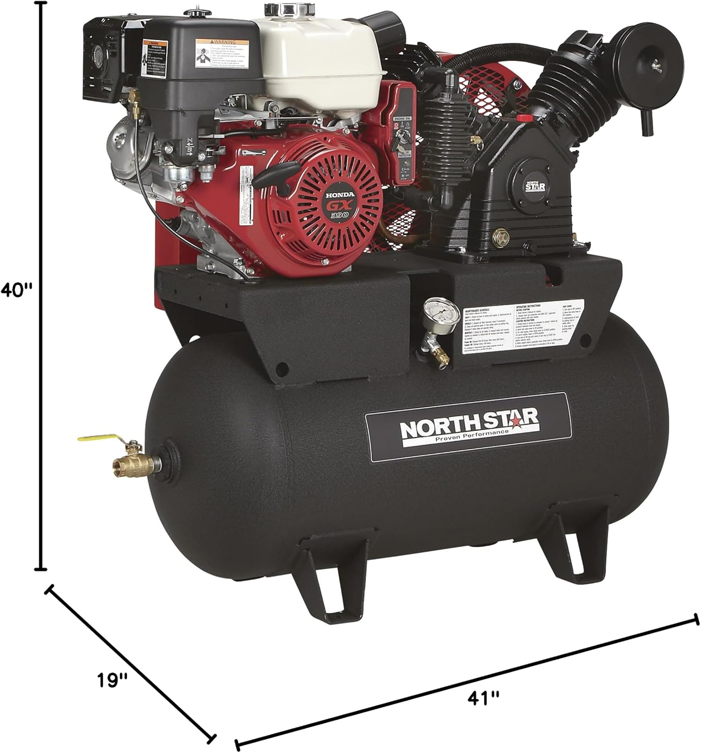 NorthStar Gas Air Compressor, 30-Gallon, 90 PSI, 24.4 CFM at 90 PSI | Honda GX390 OHV engine, Horizontal tank, Portable shop-air supply