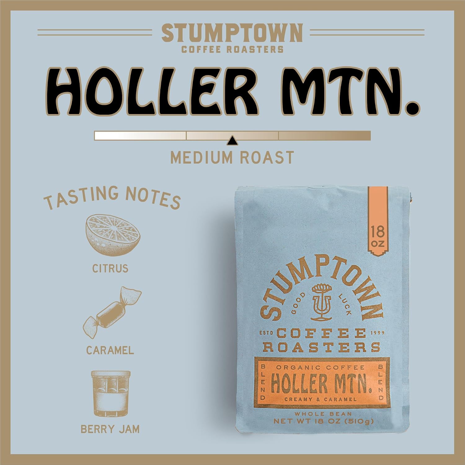 Stumptown Coffee Roasters, Medium Roast Organic Whole Bean Coffee, 100% Arabica Coffee - Holler Mountain 12 Ounce Bag with Flavor Notes of Citrus Zest, Caramel and Hazelnut