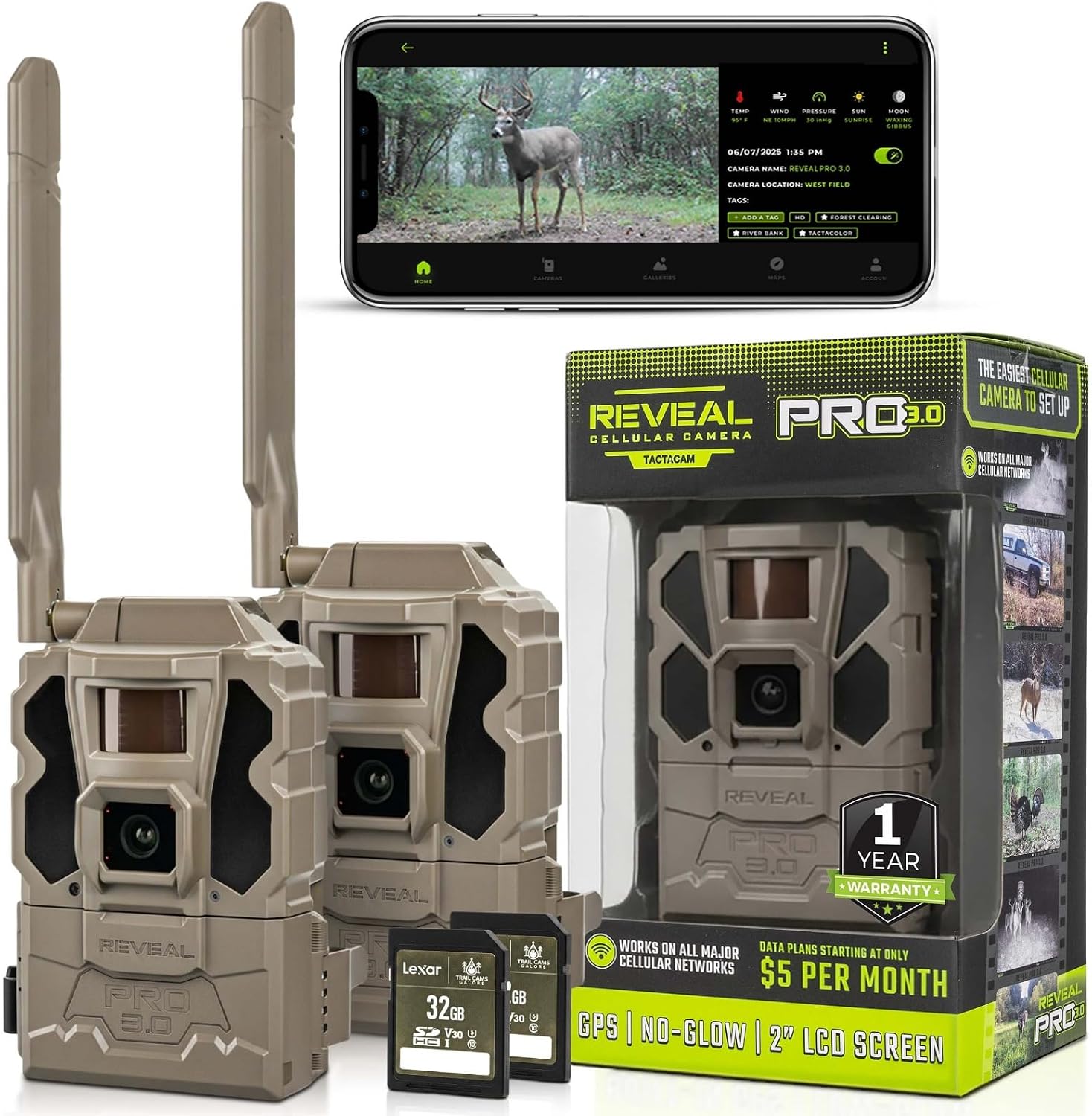 TACTACAM Reveal Pro 3.0 Cellular Trail Camera - Multi-Cellular Network, GPS, 2" LCD, No-Glow IR, Wi-Fi Enabled, HD Photos & 1080p Videos, Fast Trigger + 32GB SD Card (1PK)