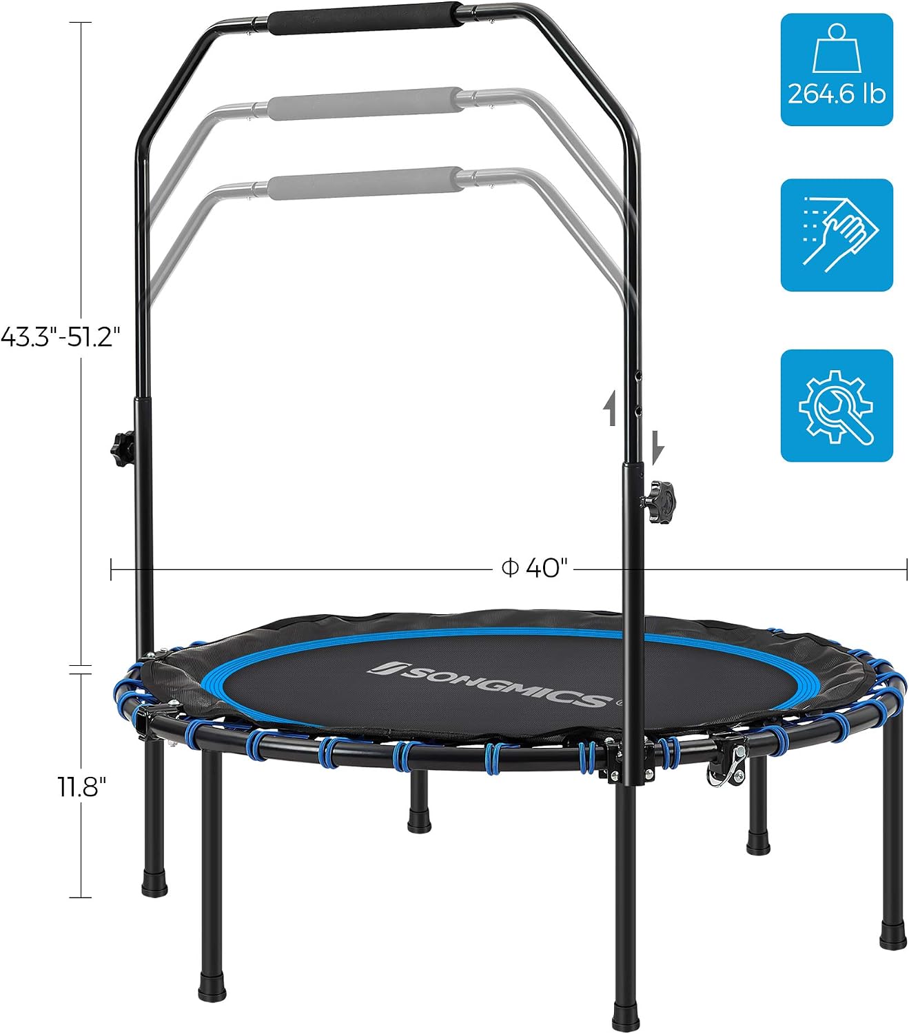 SONGMICS 40 Inches Mini Fitness Trampoline, Fitness Rebounder with Adjustable Handrail, Foldable Trampoline for At-Home Workout, Max. Load 264.6 lb