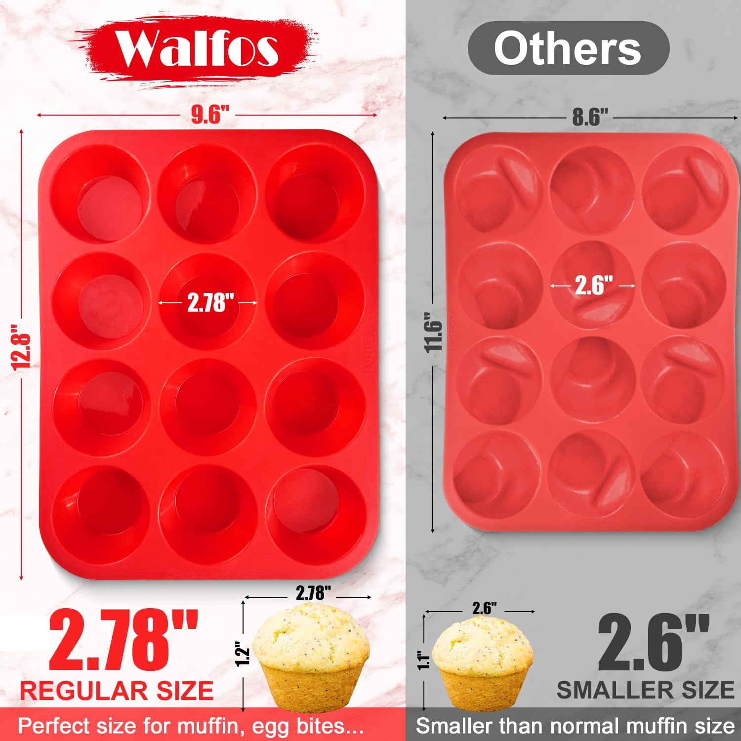 Walfos Silicone Texas Muffin Pan - 6 Cup Jumbo Silicone Cupcake Pan, Non-Stick, Just Release! Perfect for Egg Muffin