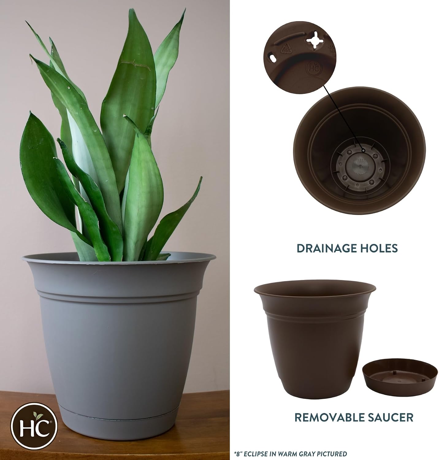 The HC Companies Eclipse Round Planter with Saucer - Outdoor & Indoor Plant Pot with Drainage Holes - Lightweight