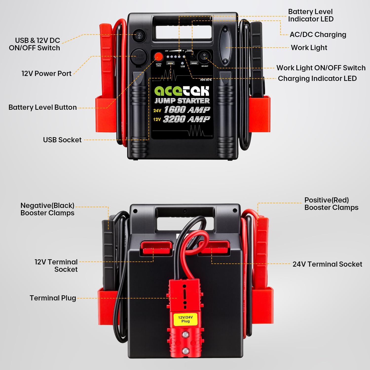 24V / 12V Jump Starter, acetek 1600/3200 Peak Amp Battery Jump Starter for Truck Car Tractor Excavator