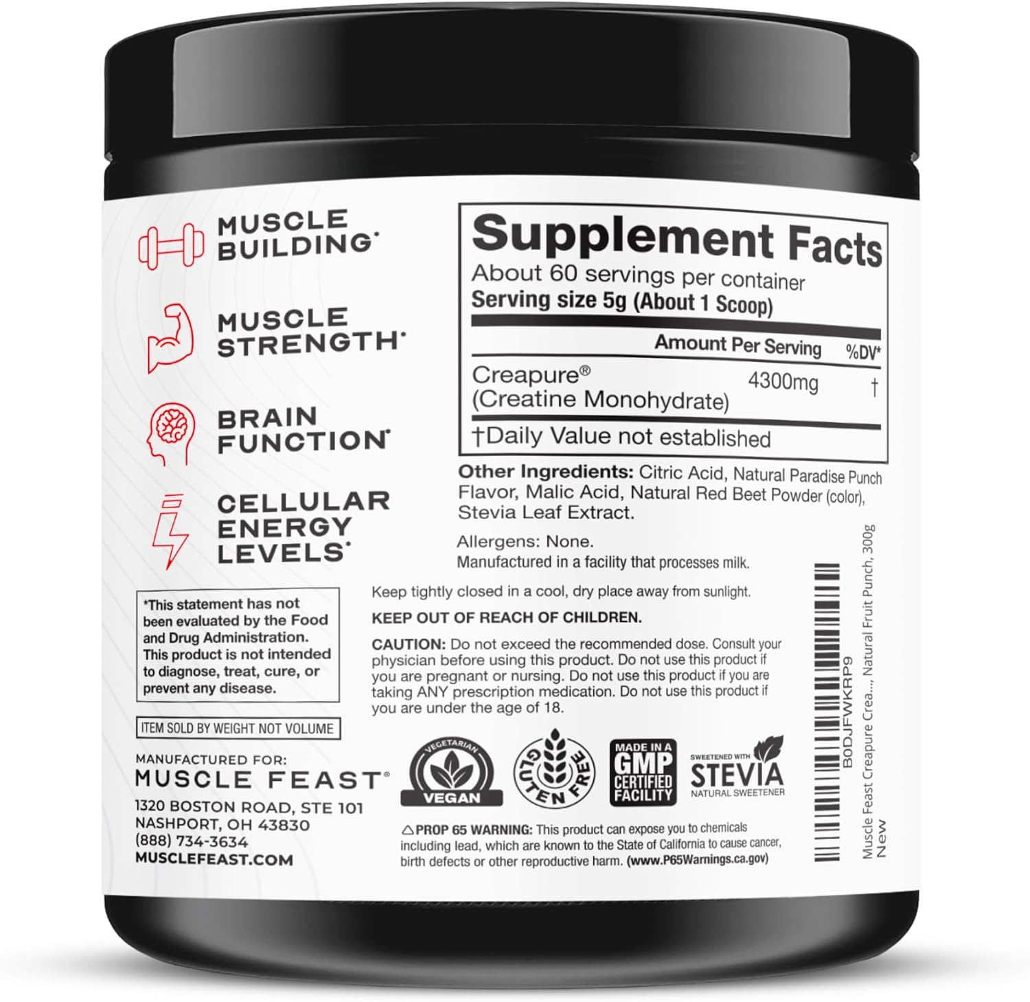 Muscle Feast Creapure Creatine Monohydrate Powder, Unflavored (300g) | Vegan, Non-GMO, Keto Friendly Mass Gainer, Muscle Recovery Supplement & Trusted Creatine for Muscle Growth, Creatine Powder