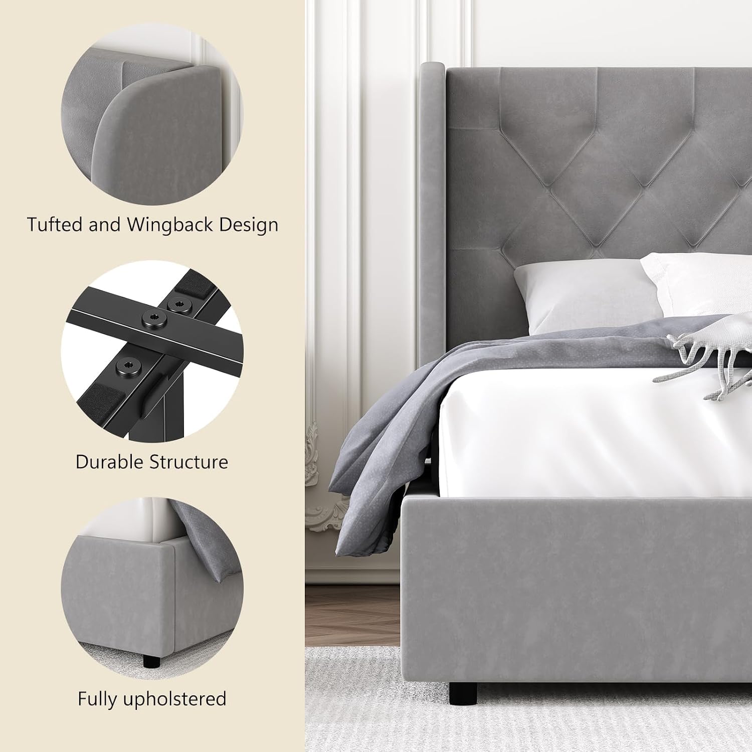 HOMBCK Full Size Bed Frame with Headboard, Upholstered Platform Bed, White | Velvet Tufted Curved Wingback/Wooden Slats Support/No Box Spring Needed/Noise-Free/Easy Assembly