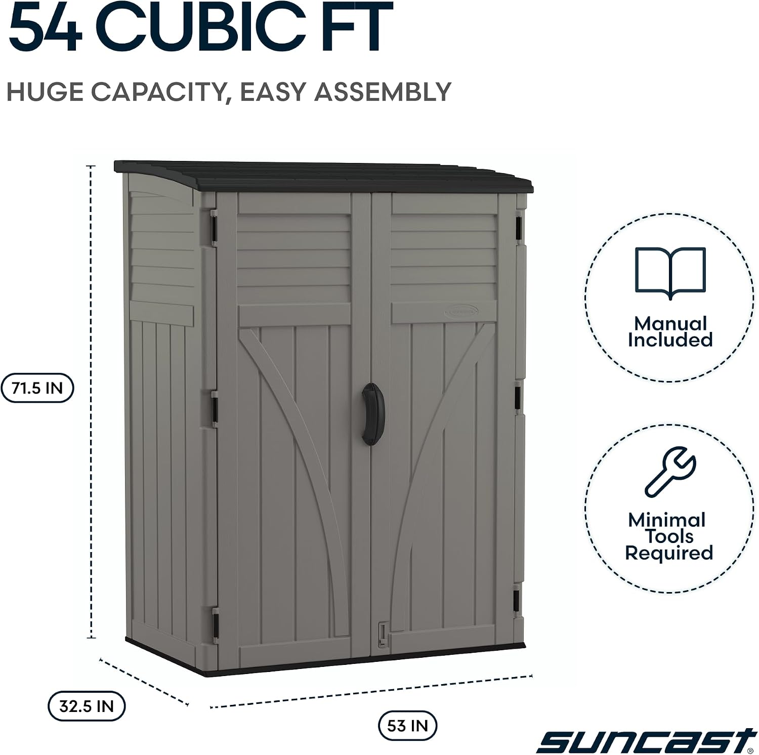 Suncast Outdoor Storage Shed, Water Resistant Resin Vertical Outdoor Storage Cabinet for Patio, Garden Tools, Cushions, & Equipment, Weatherproof Multi-Wall Design, 54 cu. ft., Made in USA