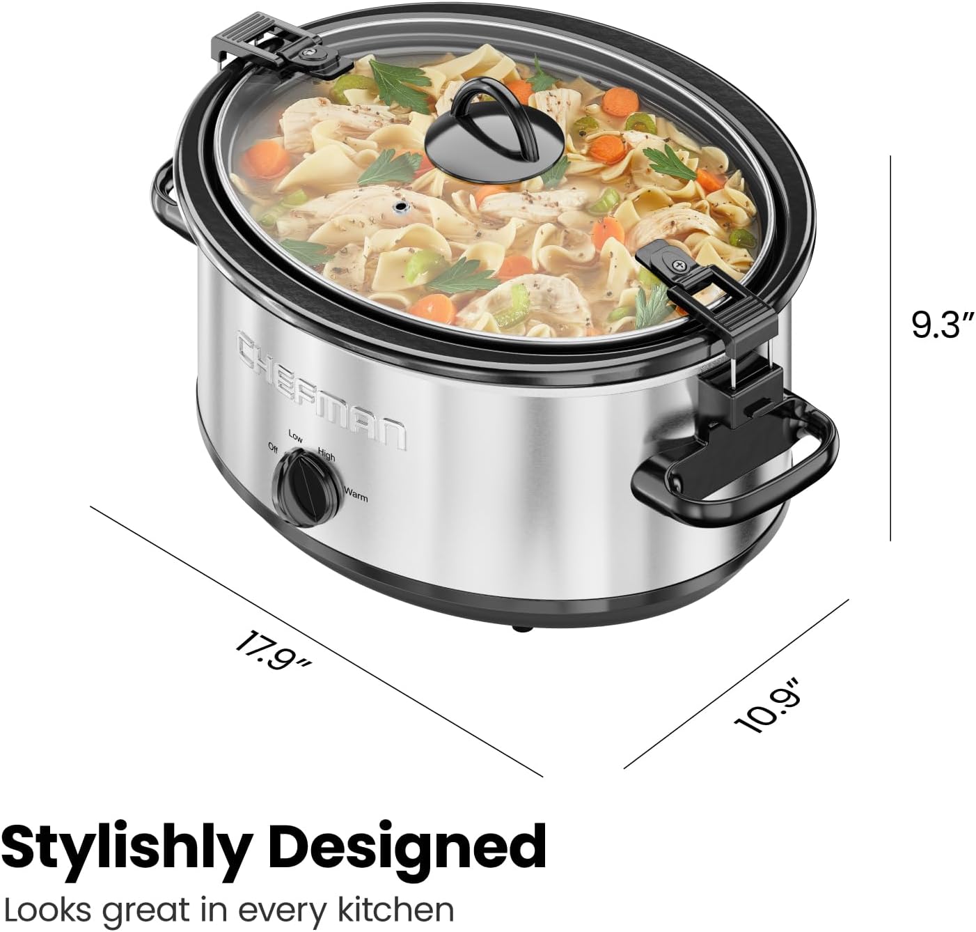 Chefman Triple Slow Cooker & Food Warmer, Three Crock Slowcooker with 2.5 Qt. Ceramic Crocks, 7.5-Quart Total Capacity, PFAS-Free, Three Temperature Settings, Dishwasher-Safe Parts – Stainless Steel