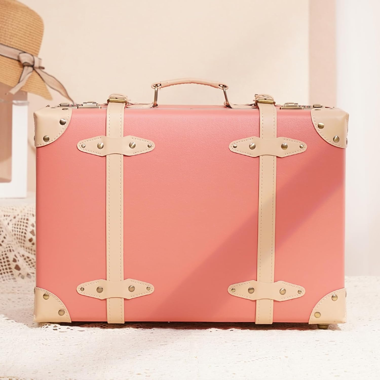 urecity Vintage and Cute Carry-on Overnight Case Non-wheeled Mini Leather Trunk Suitcase with Shoulder Strap