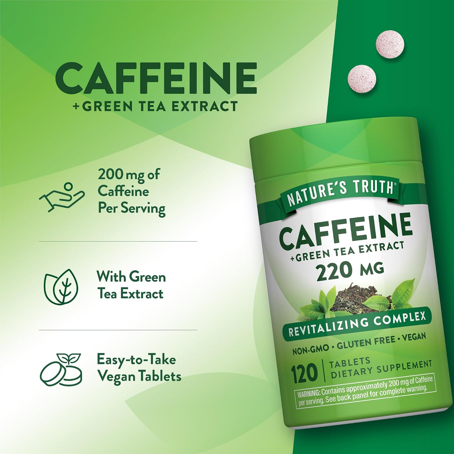 Nature's Truth Caffeine Pills | 220mg | 120 Count | With Green Tea Extract | Vegan, Non-GMO & Gluten Free Supplement | Vegan