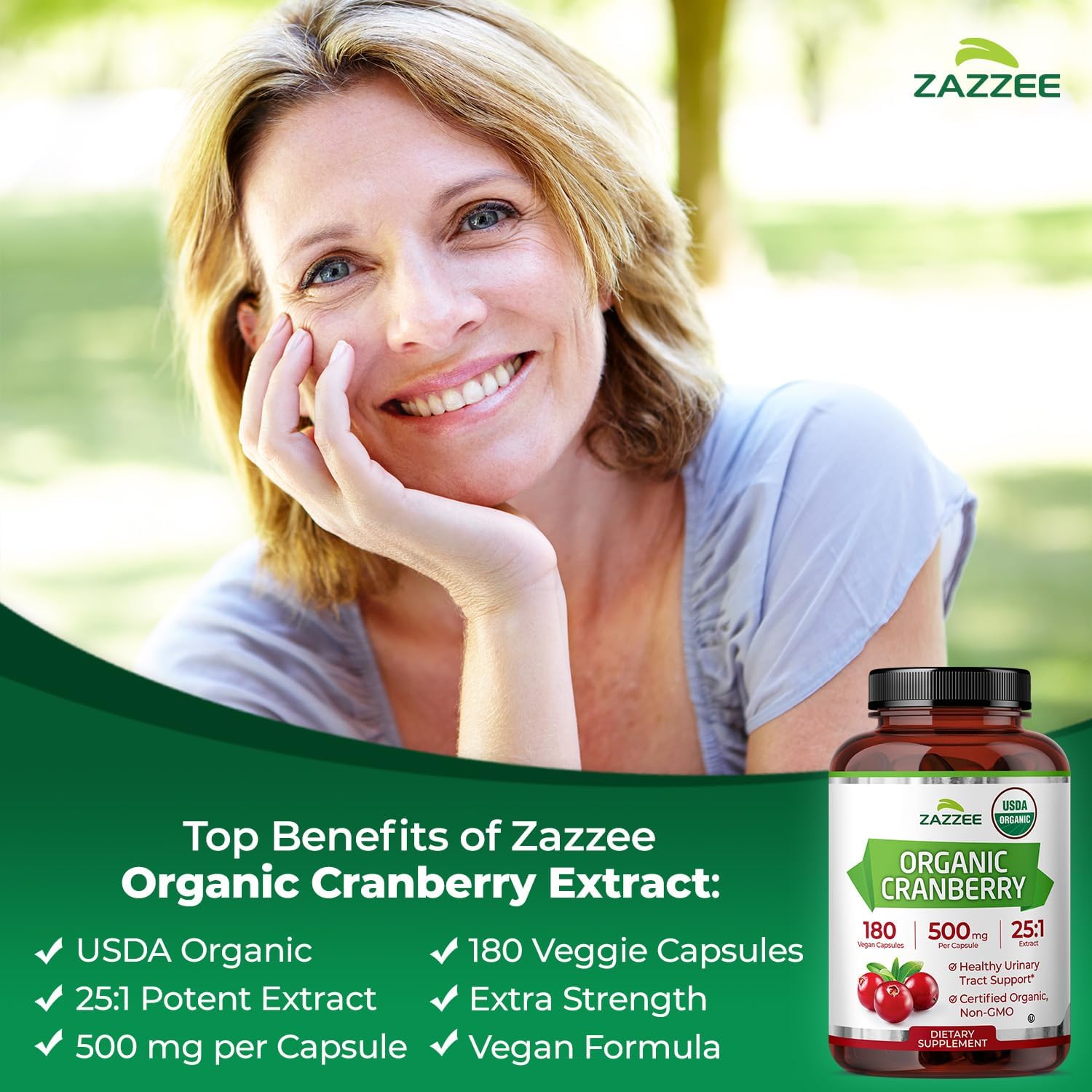 Zazzee USDA Organic Cranberry 25:1 Extract, 500mg per Capsule, 100 Capsules | Vegan, 3+ Month Supply, Certified Kosher, Vaccinium Macrocarpon, Non-GMO, Made in the USA