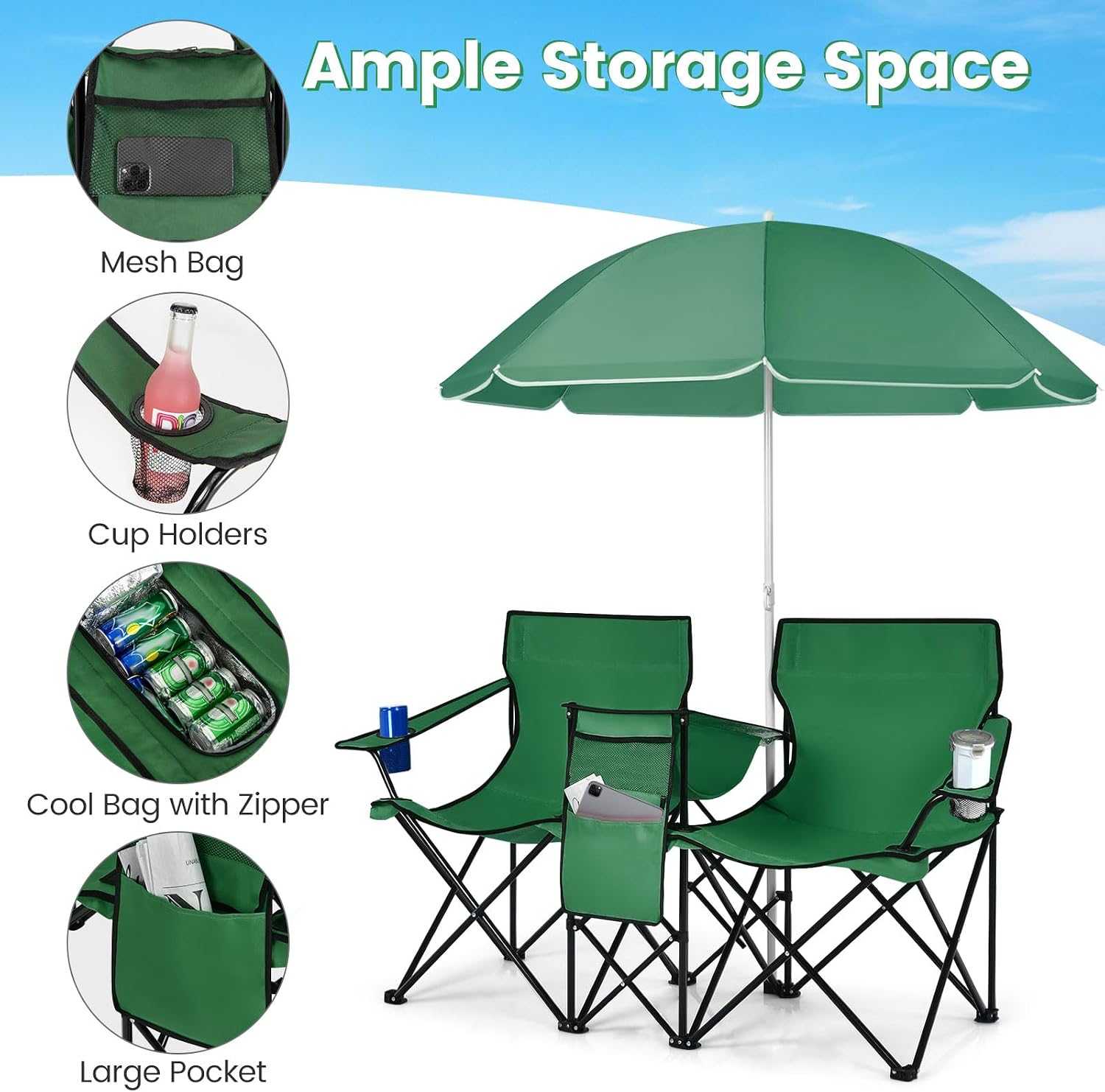 COSTWAY Double Portable Picnic Chairs, Folding Camping Chairs w/Detachable Umbrella, Cooler Bag, Cup Holders, Patio Beach Camping Chairs for Outdoors, Blue | Detachable Umbrella, Cooler Bag, Cup Holders, Patio Beach Camping Chairs for Outdoors, Blue