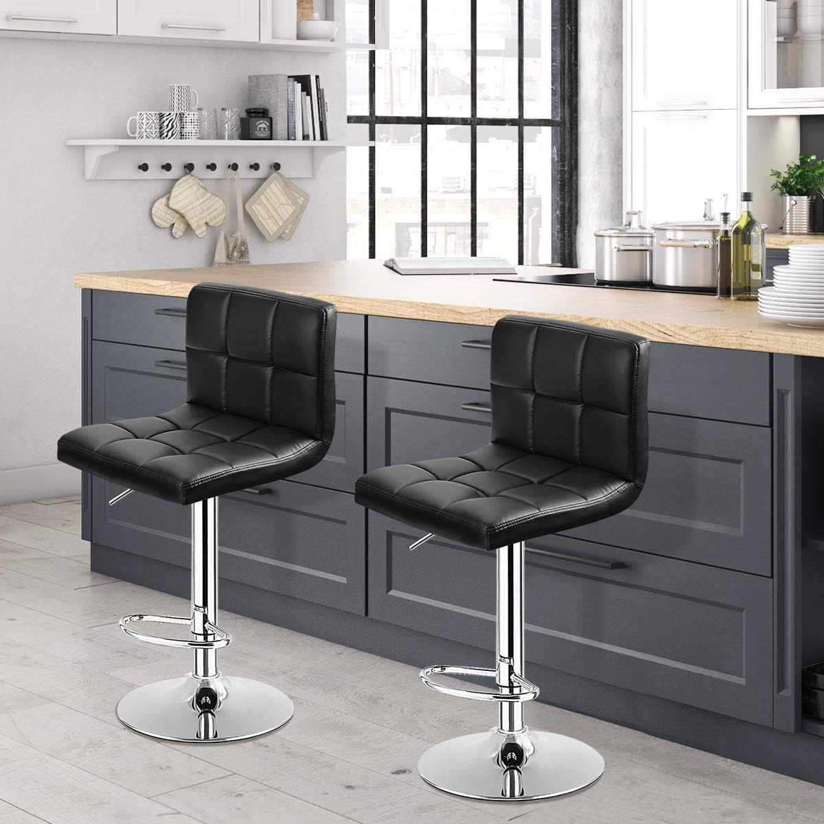 COSTWAY Bar Stool, Modern Swivel Adjustable Height PU Leather Barstools with Back, Square Armless Counter Height Bar Chair for Kitchen Island Dining Living Bistro Pub Counter, Black