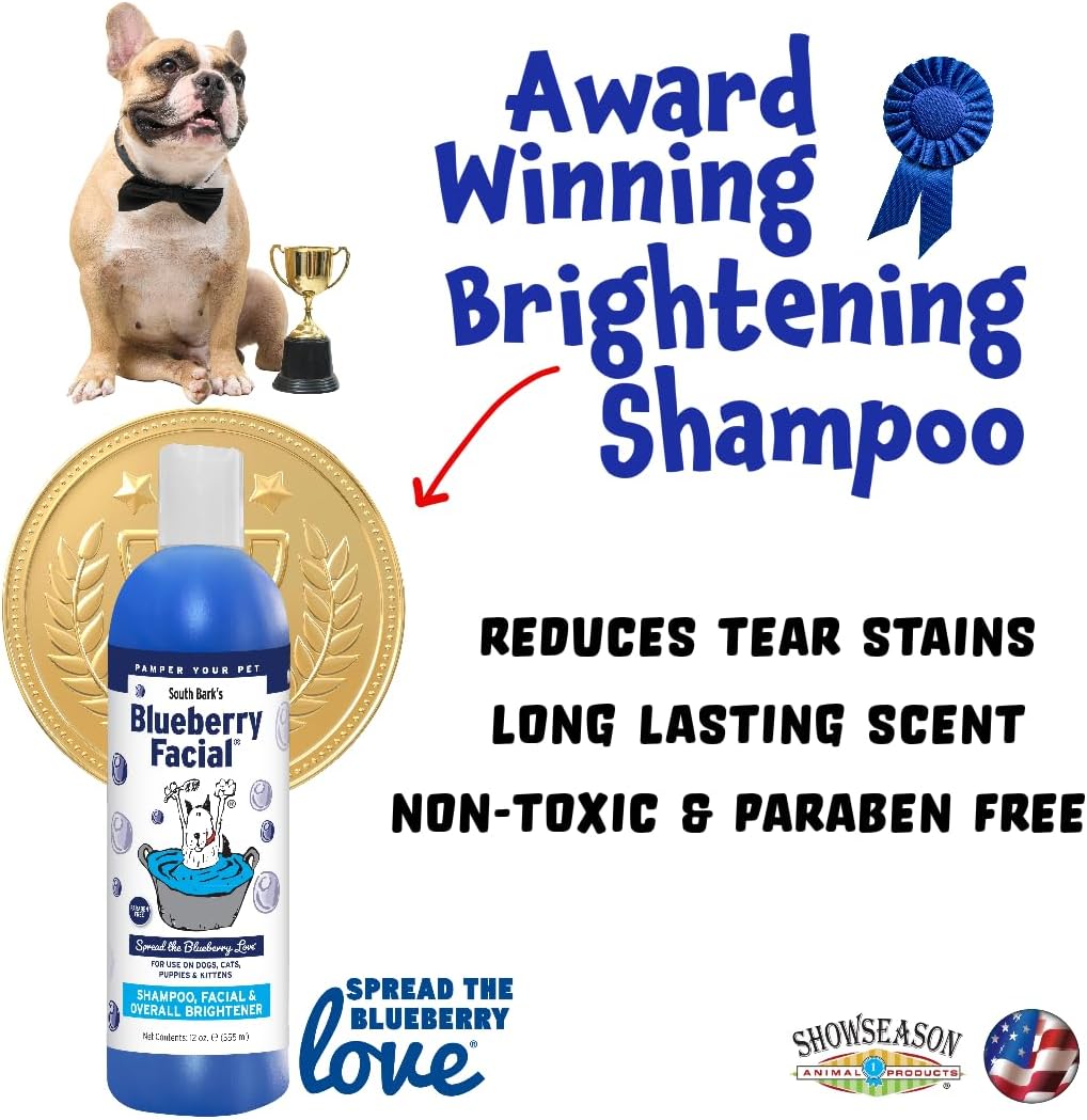 South Bark's Blueberry Facial® Pet Shampoo 12 oz. | Brightener & Tear Stain Remover | Long-Lasting Odor Eliminator | Cruelty-Free | Paraben-Free | Made in The USA
