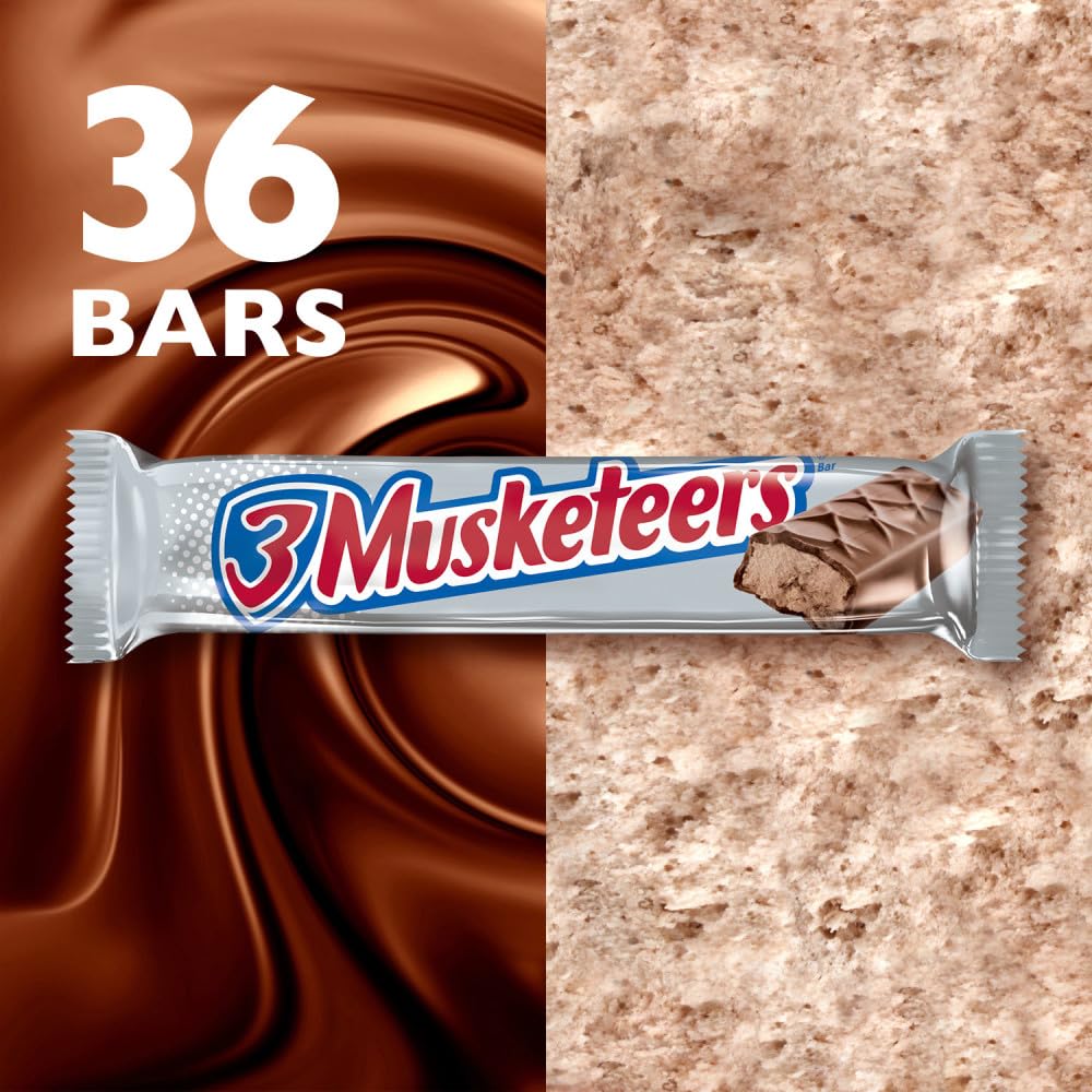 3 MUSKETEERS Milk Chocolate Candy Bars, Full Size, Bulk Candy Box, 36 ct | Light whipped chocolate nougat in full size bars, for sharing, party favors and lunch boxes, gift bag, snack box