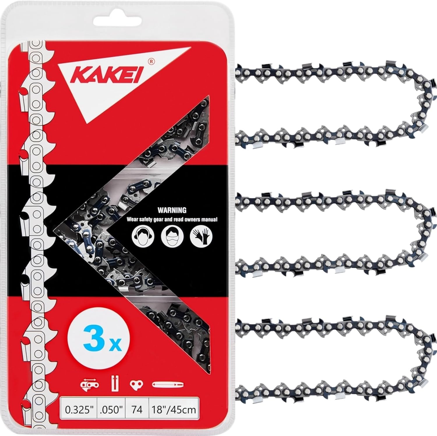 KAKEI 18 Inch Chainsaw Chain 3/8" LP Pitch .050" Gauge 62 Drive Links Fits Poulan, Kobalt, Echo, Ego