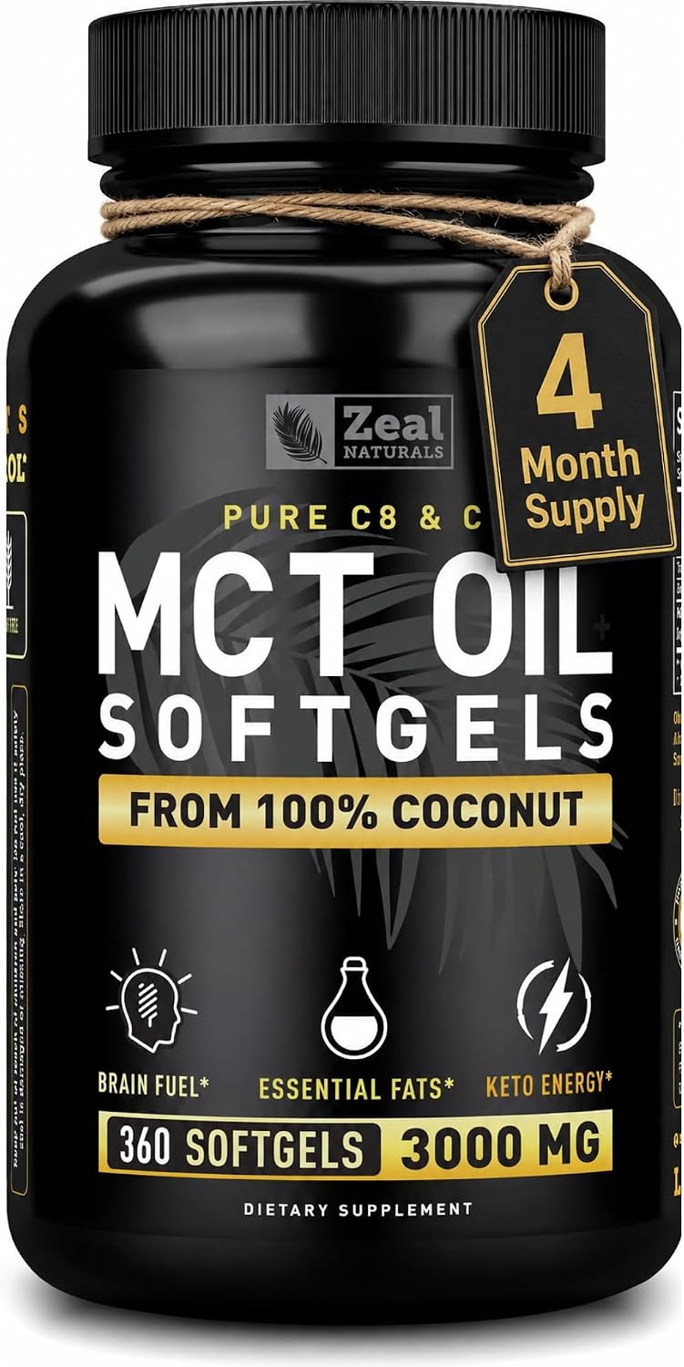 Pure MCT Oil Capsules (360 Softgels | 3000mg) 4 Month Supply Keto Pills w Unrefined Coconut - C10 & C8 Brain Fuel, Energy, Octane Ketosis