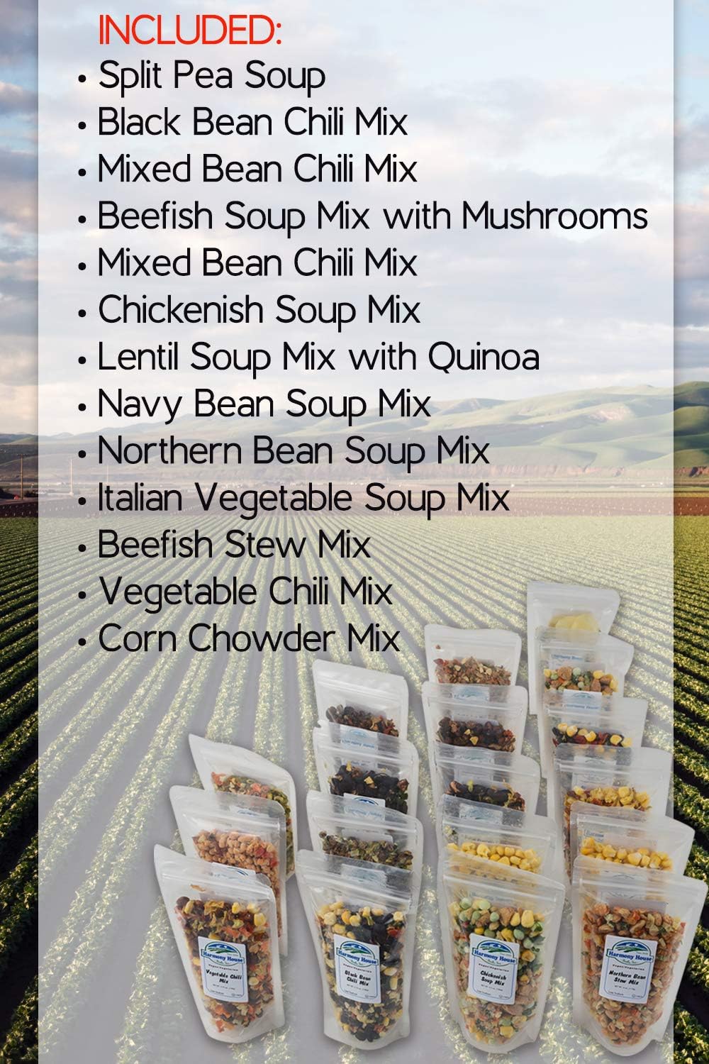 Harmony House Backpacking Soup and Chili Kit (Unseasoned) – 18 Count Variety Pack, Resealable Zip Pouches, For Cooking, Camping