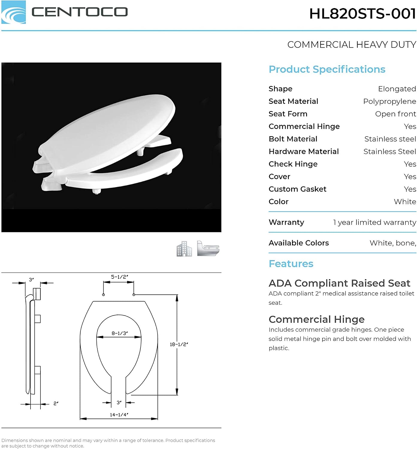 Centoco 3 inch Raised Toilet Seat for Seniors, Elongated, White | Closed Front, Cover, Plastic, 3L800STS-001, Made in the USA