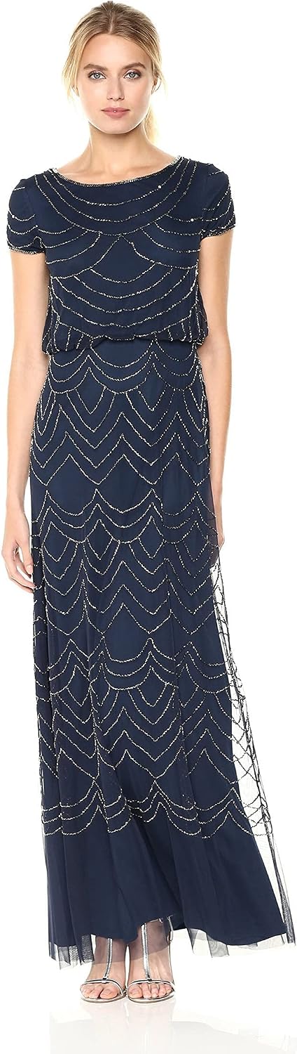 Adrianna Papell Womens Short Sleeve Blouson Beaded Gown