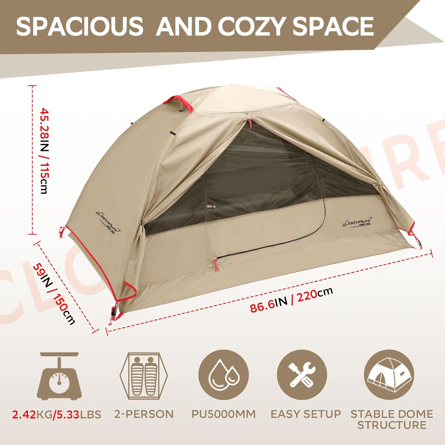 Clostnature 1/2/3/4 Person Lightweight Backpacking Tent, Easy Setup Tent