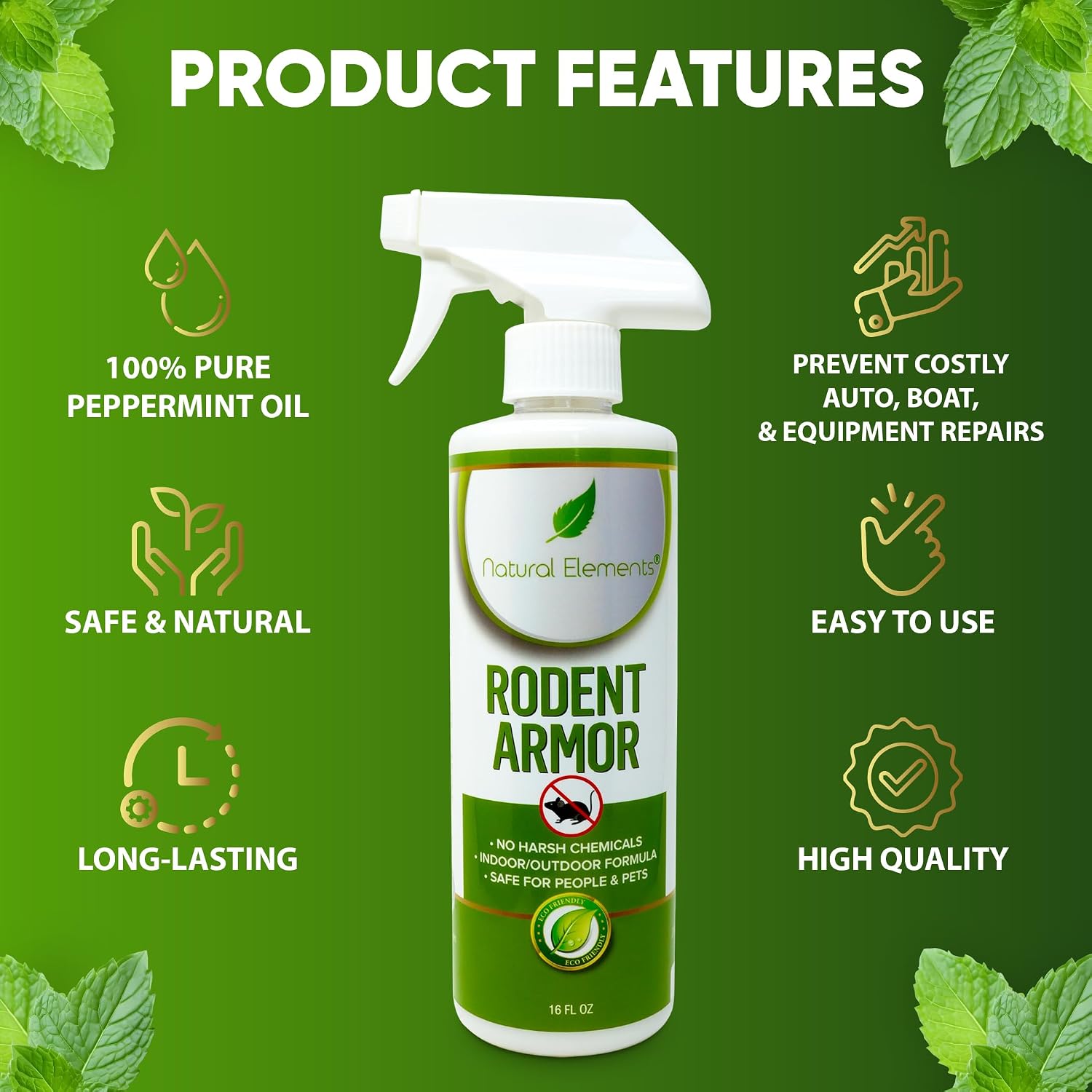 Natural Elements Rodent Armor – Peppermint Oil Rodent Repellent Spray for Vehicles, RVs, Boats & Equipment – 16 oz
