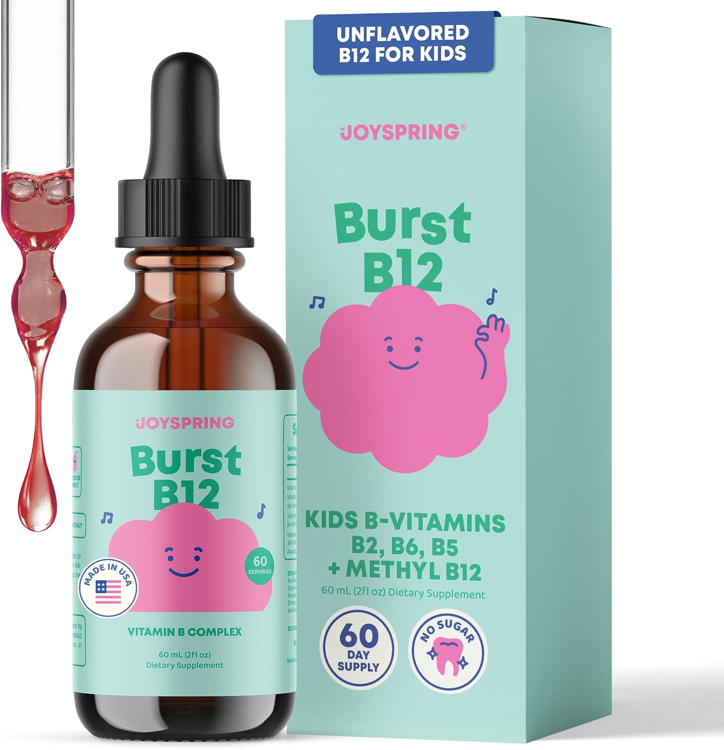 JoySpring Burst B12 Kids B Complex Drops, Flavorless, 60 Servings | Methyl B form with B2, B5 and B6, supports energy and healthy growth