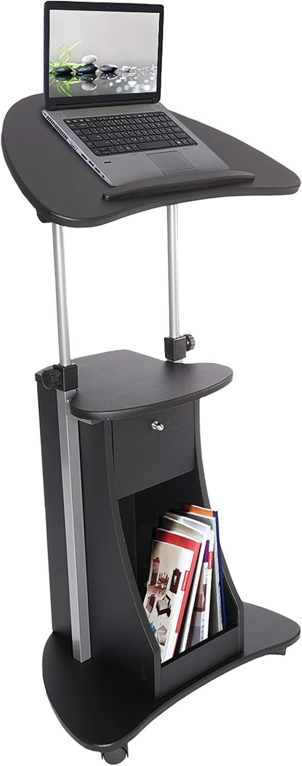 Techni Mobili Adjustable Height Rolling Laptop Cart with Storage, Graphite | Adjustable height rolling laptop cart with storage drawer, open shelf, wheels, sit‑stand design for office or medical use