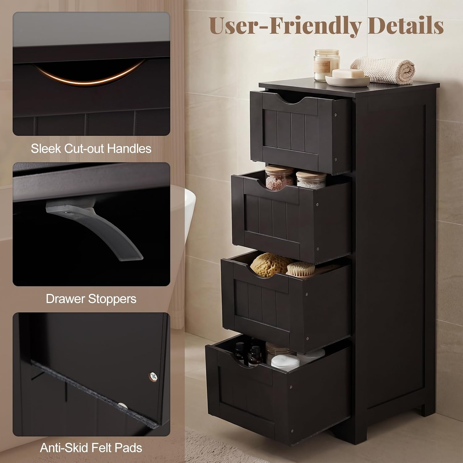Tangkula Bathroom Floor Cabinet, Freestanding Narrow Side Storage Organizer with 4 Drawers, Multifunctional Towel Cabinet with Anti-Tip Kit for Living Room Laundry Entryway (4 Drawers, White)