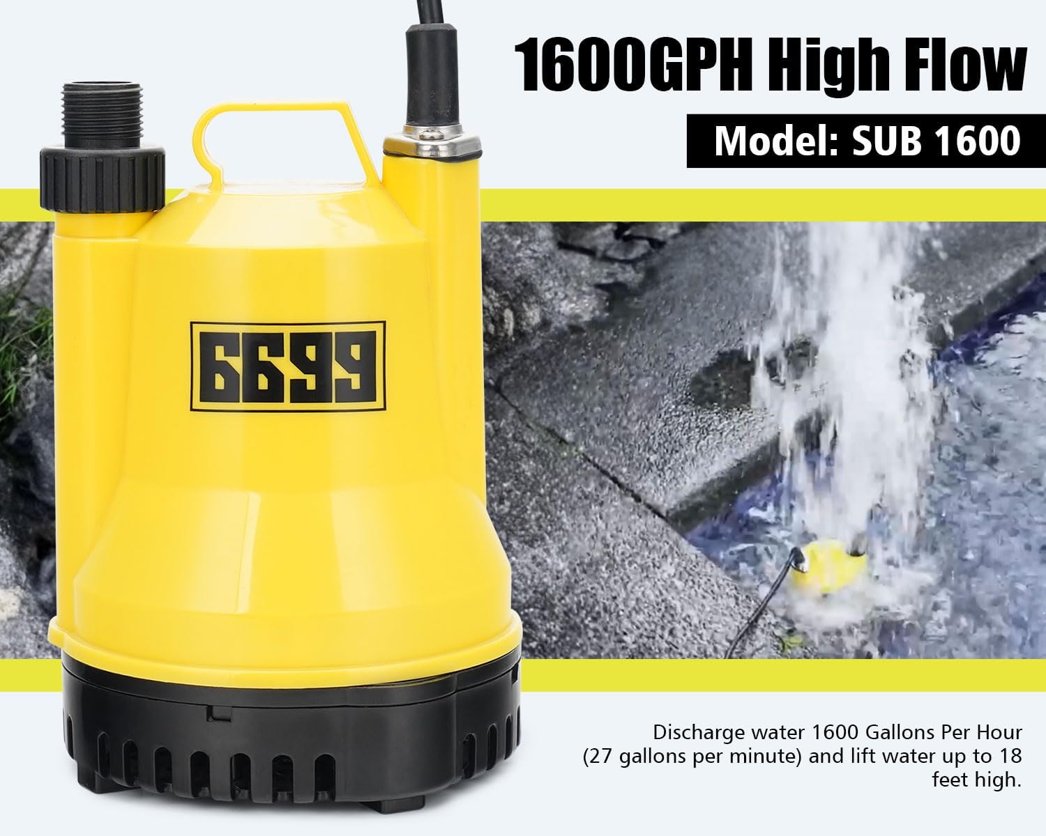 Submersible Water Pump 1/4 HP 1600GPH Thermoplastic Utility Pump Electric Portable Transfer Water Pump with 10-Foot Cord for Pool Tub Garden Pond