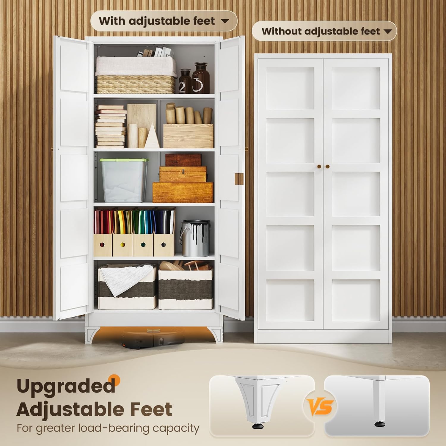 Metal Storage Cabinet with 2 Doors and 4 Adjustable Shelves - 61" White Kitchen Pantry Storage 5-Tier Tall Steel Cabinets Locker for Kitchen, Living Room, Dining Room