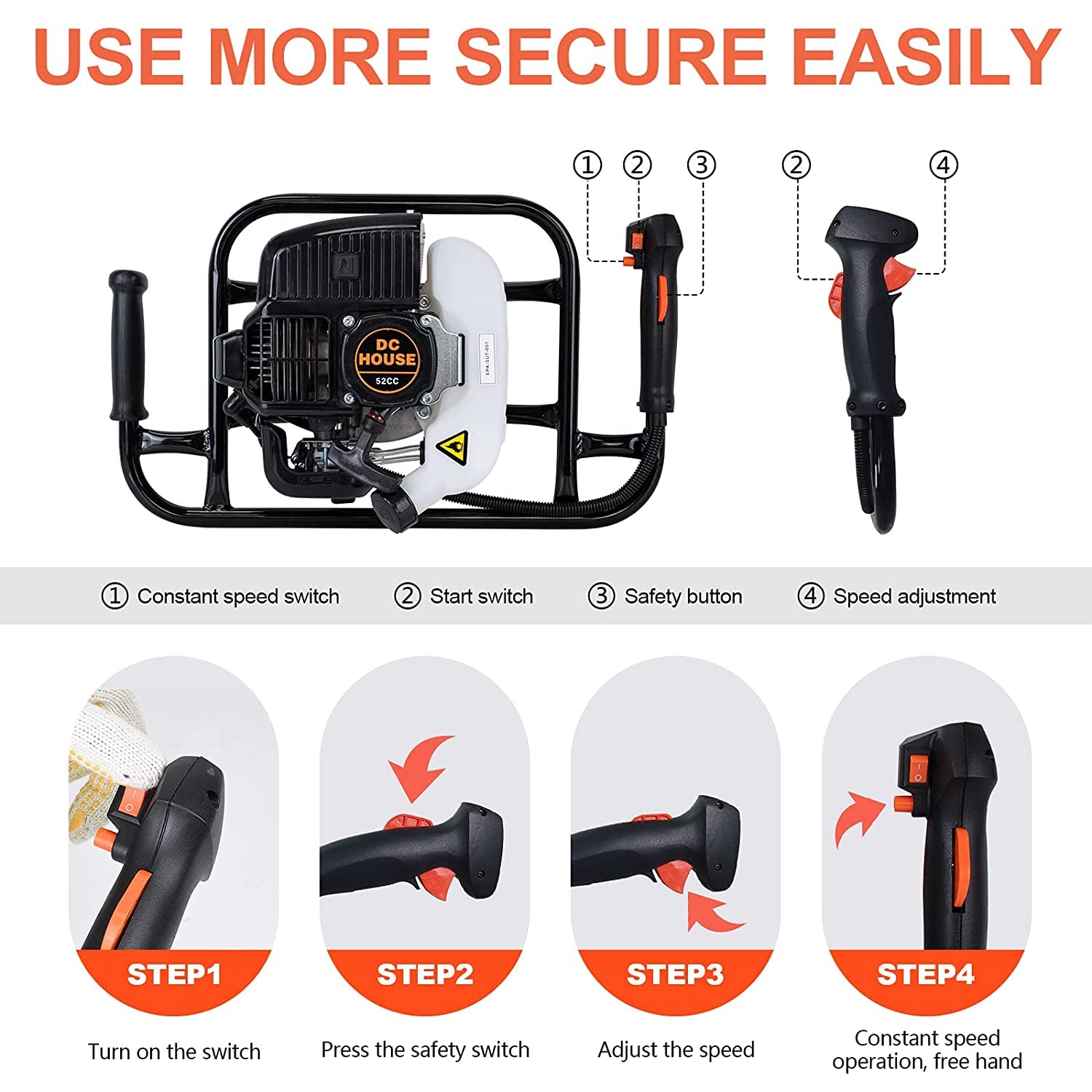 DC HOUSE 52cc 1800W Gas Powered Earth Auger EPA Certified Post Hole Digger, with 2 Drill Bits 6" 10", Mixing Ratio 30:1, for Fence