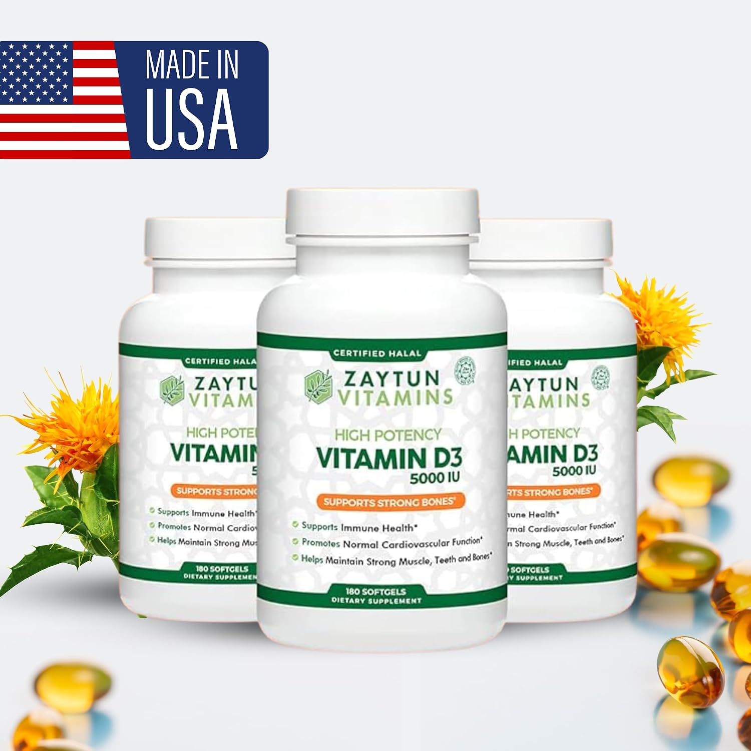 Zaytun Halal Vitamin D3 5000 IU, 6 Months Supply, Supports Bones, Healthy Muscle Function & Immune, Premium Vitamin D from Safflower Oil, Non-GMO